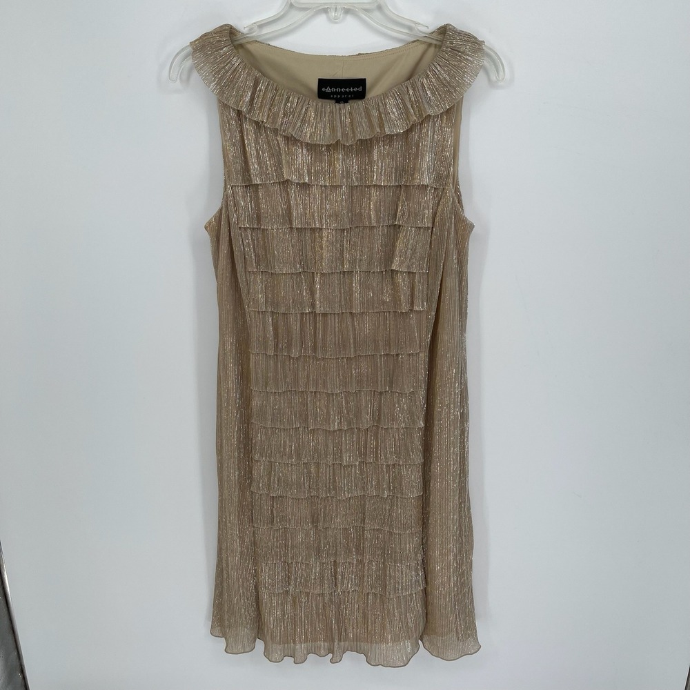 Connected Apparel Women's Gold Metallic Tiered Ruffle Party Sheath Dress Size 12